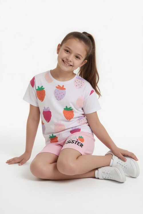 Pembe Meyve Desenli Tişörtlü Kız Çocuk Şortlu Yazlık Takım 23861