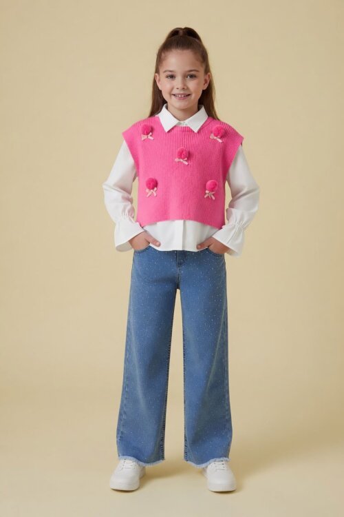 Pembe Ponponlu Süveterli Gömlekli Kız Çocuk Jean Pantolonlu 3lü Takım 24106