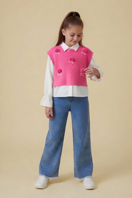 Pembe Ponponlu Süveterli Gömlekli Kız Çocuk Jean Pantolonlu 3lü Takım 24106