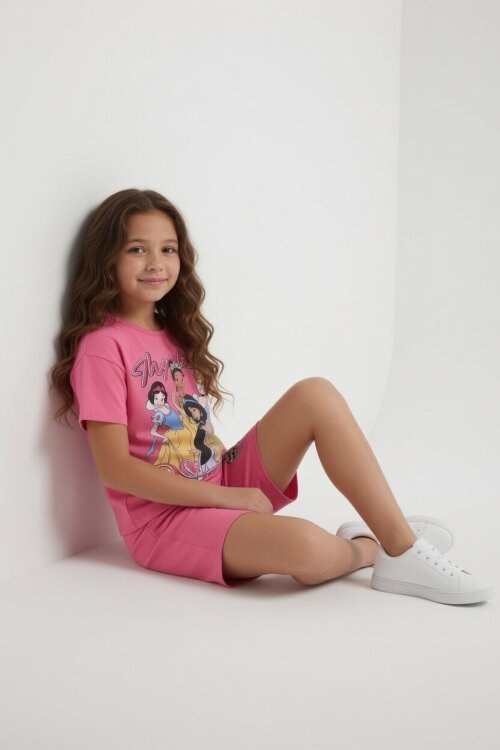 Pembe Prenses Temalı Tişörtlü Kız Çocuk Yazlık Şortlu Takım 23863