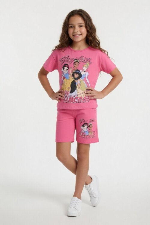 Pembe Prenses Temalı Tişörtlü Kız Çocuk Yazlık Şortlu Takım 23863