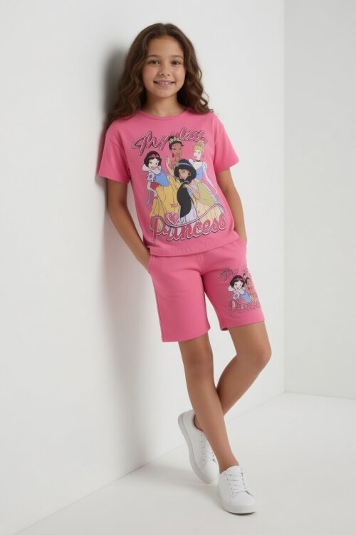 Pembe Prenses Temalı Tişörtlü Kız Çocuk Yazlık Şortlu Takım 23863