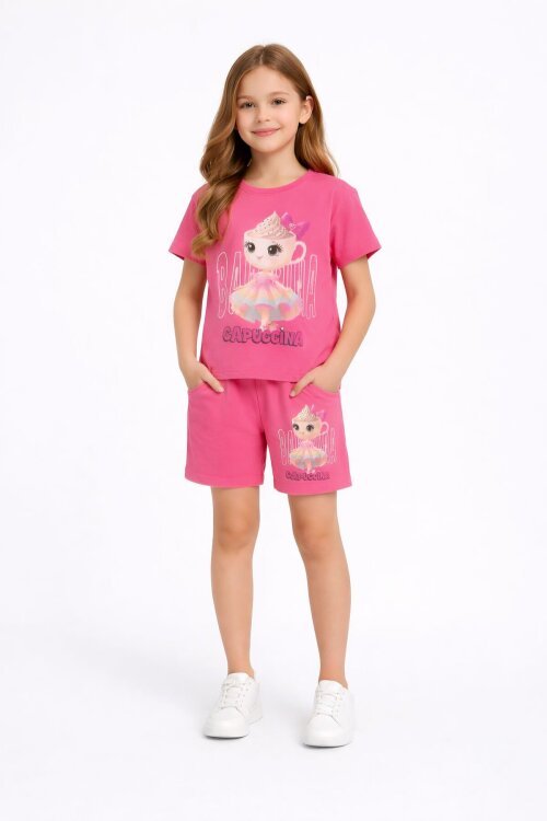 Pembe Sevimli Capuccina Baskılı Kız Çocuk Şortlu 2li Takım 23889