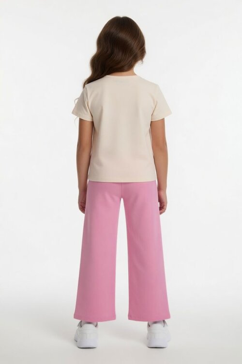 Pembe Sevimli Çizgi Karakter Baskılı Tişörtlü Kız Çocuk Geniş Paça  Takım 23857