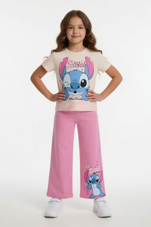 Pembe Sevimli Çizgi Karakter Baskılı Tişörtlü Kız Çocuk Geniş Paça  Takım 23857