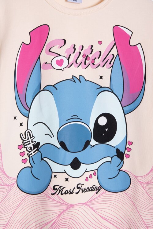 Pembe Sevimli Çizgi Karakter Baskılı Tişörtlü Kız Çocuk Geniş Paça  Takım 23857