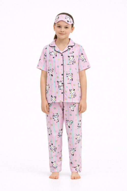Pembe Sevimli Karakter Baskılı Kısa Kol Kız Çocuk Göz Bantlı Pijama Takmı 23826