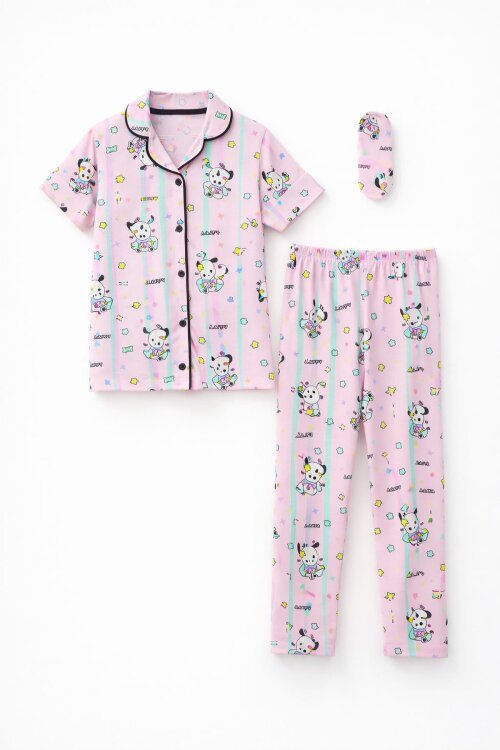 Pembe Sevimli Karakter Baskılı Kısa Kol Kız Çocuk Göz Bantlı Pijama Takmı 23826
