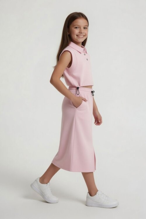 Pembe Sıfır Kol Crop ve Yırtmaç Detaylı Etekli Kız Çocuk Alt Üst Takım 24005