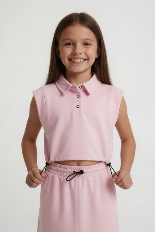 Pembe Sıfır Kol Crop ve Yırtmaç Detaylı Etekli Kız Çocuk Alt Üst Takım 24005