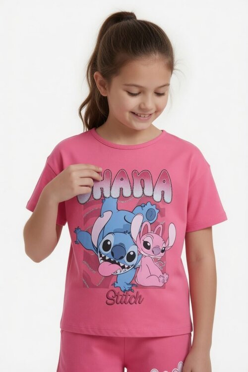 Pembe Simli Karakter Baskılı Tişörtlü Kız Çocuk Şortlu 2li Takım 23917