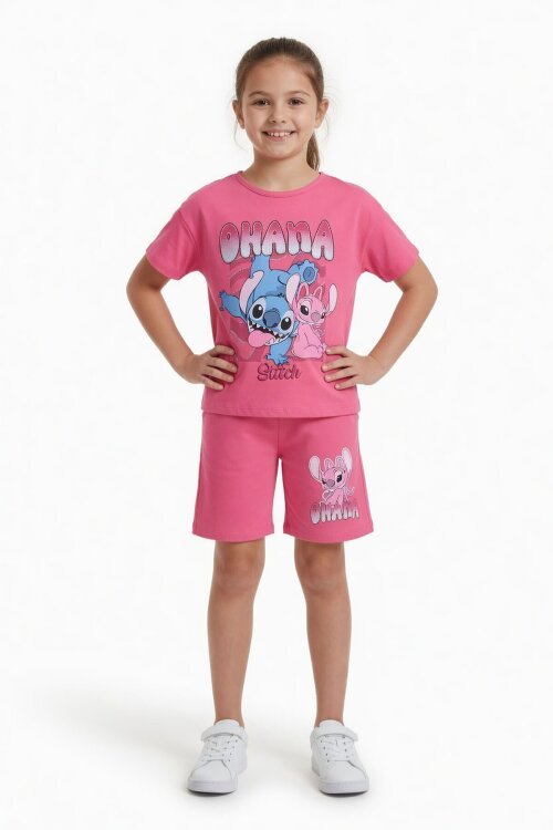 Pembe Simli Karakter Baskılı Tişörtlü Kız Çocuk Şortlu 2li Takım 23917