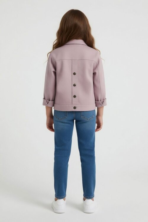 Pembe Sırtı Düğme Detaylı Kız Çocuk Gabardin Kumaş Ceket 23569