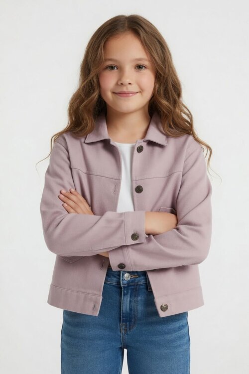 Pembe Sırtı Düğme Detaylı Kız Çocuk Gabardin Kumaş Ceket 23569