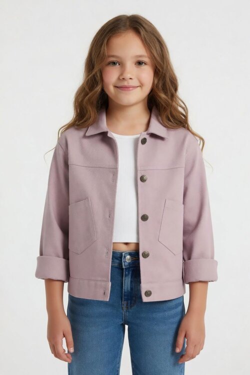 Pembe Sırtı Düğme Detaylı Kız Çocuk Gabardin Kumaş Ceket 23569