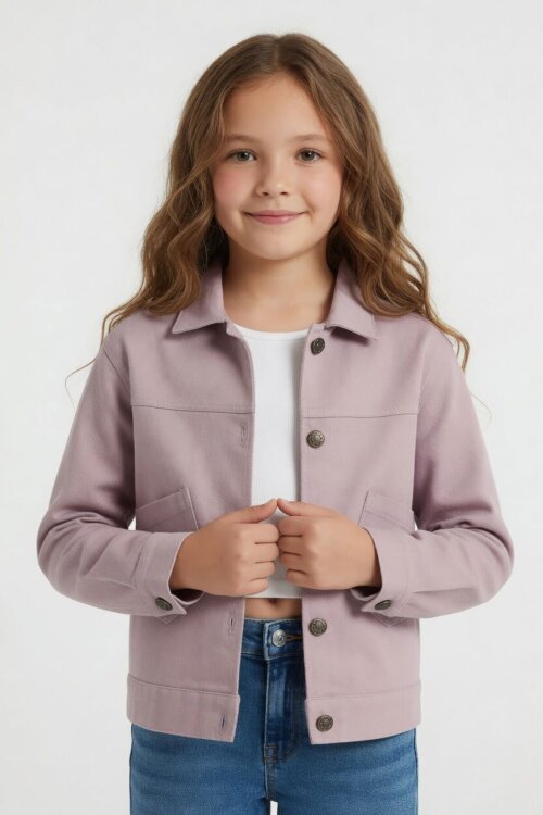 Pembe Sırtı Düğme Detaylı Kız Çocuk Gabardin Kumaş Ceket 23569