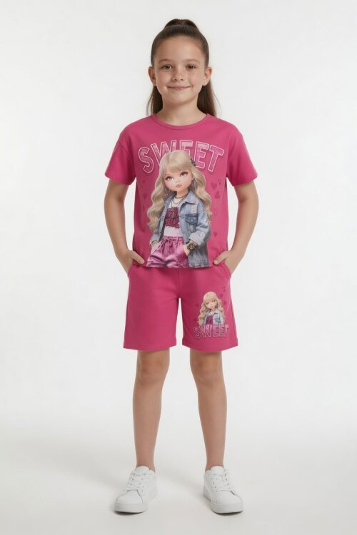 Pembe Sweet Yazılı Karakter Baskılı Kız Çocuk Şortlu 2li Takım 23993