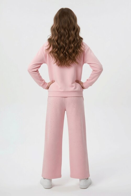 Pembe Taşlı Fular Detaylı Badili Geniş Paça Pantolonlu Kız Çocuk Takım  24704