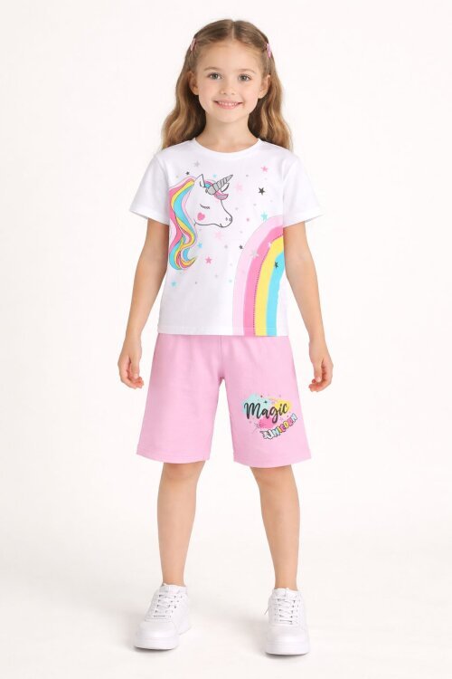 Pembe Unicorn Baskılı Simli Kız Çocuk Tişörtlü Şortlu Takım 23794