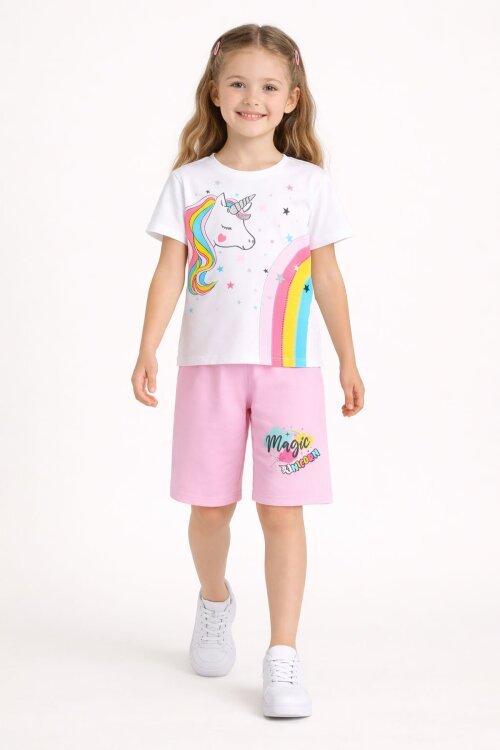 Pembe Unicorn Baskılı Simli Kız Çocuk Tişörtlü Şortlu Takım 23794