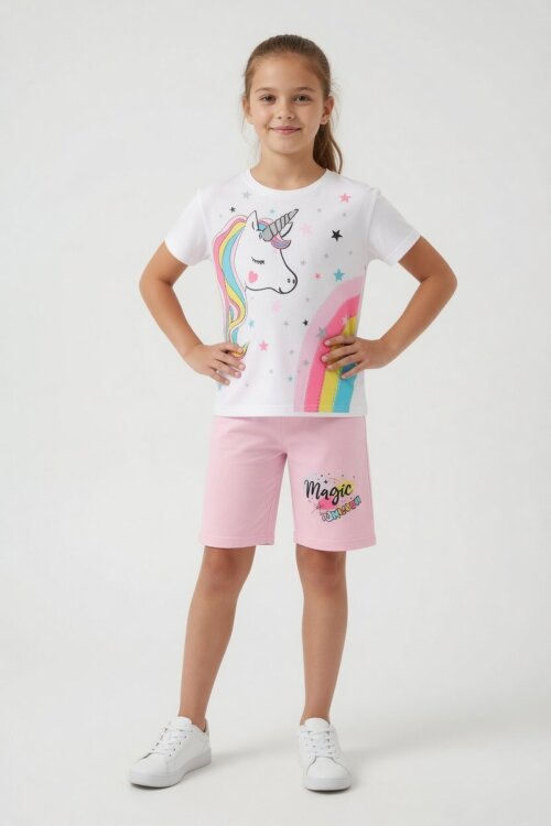 Pembe Unicorn Baskılı Simli Kız Çocuk Tişörtlü Şortlu Takım 23794