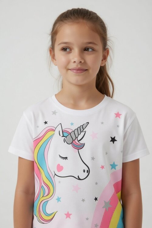Pembe Unicorn Baskılı Simli Kız Çocuk Tişörtlü Şortlu Takım 23794