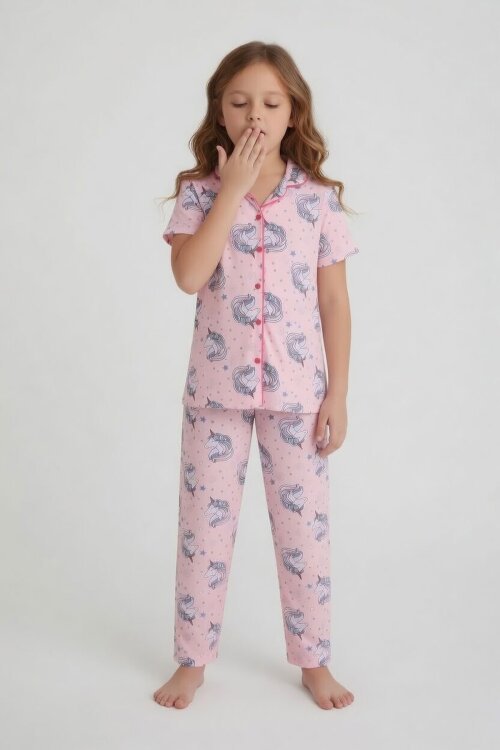 Pembe Unicorn Desenli Kız Çocuk Göz Bantlı Pijama Takımı 24011
