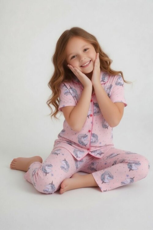 Pembe Unicorn Desenli Kız Çocuk Göz Bantlı Pijama Takımı 24011