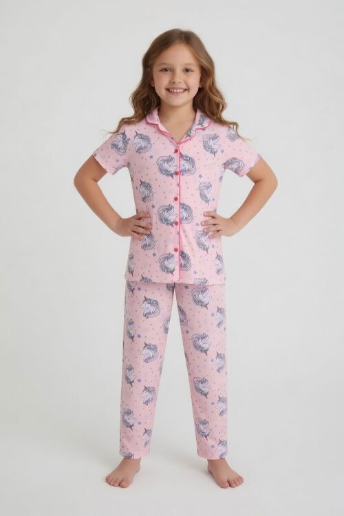Pembe Unicorn Desenli Kız Çocuk Göz Bantlı Pijama Takımı 24011