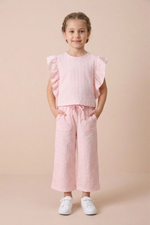 Pembe Volan Detaylı Bluzlu Pantolonlu Kız Çocuk Yazlık Takım 18536