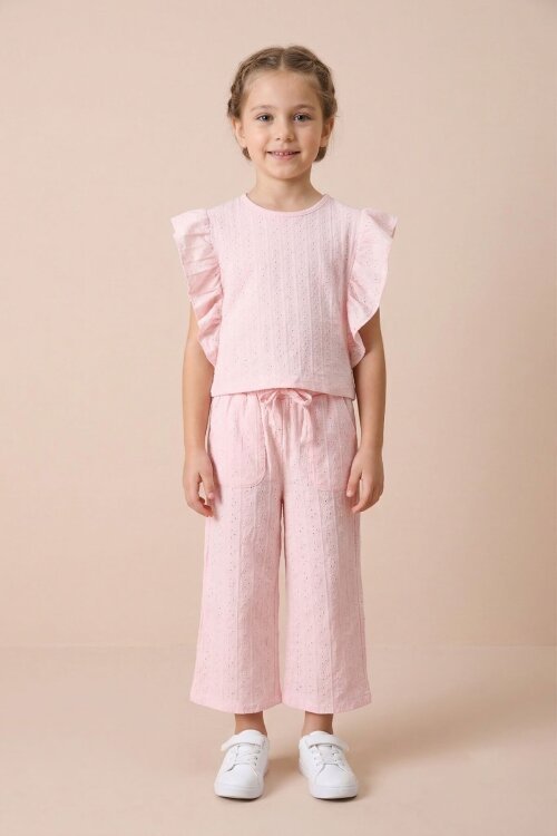 Pembe Volan Detaylı Bluzlu Pantolonlu Kız Çocuk Yazlık Takım 18536