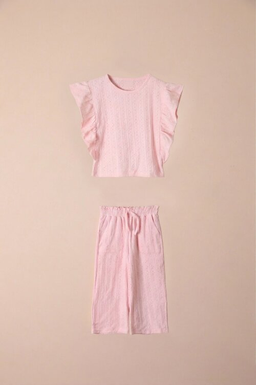Pembe Volan Detaylı Bluzlu Pantolonlu Kız Çocuk Yazlık Takım 18536