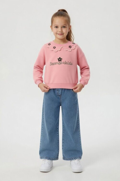 Pembe Yakası Çiçek Nakışlı Badili Jean Pantolonlu Kız Çocuk Takım  24568