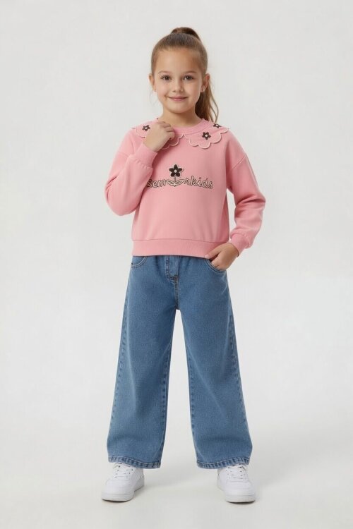 Pembe Yakası Çiçek Nakışlı Badili Jean Pantolonlu Kız Çocuk Takım  24568
