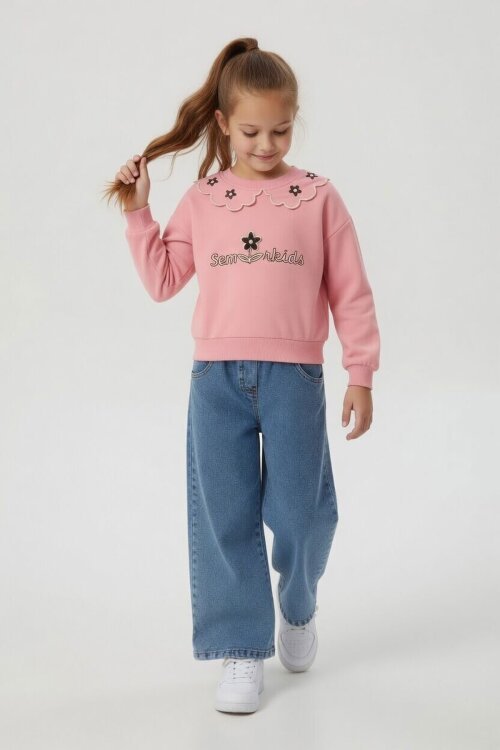 Pembe Yakası Çiçek Nakışlı Badili Jean Pantolonlu Kız Çocuk Takım  24568