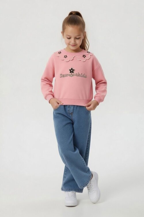 Pembe Yakası Çiçek Nakışlı Badili Jean Pantolonlu Kız Çocuk Takım  24568
