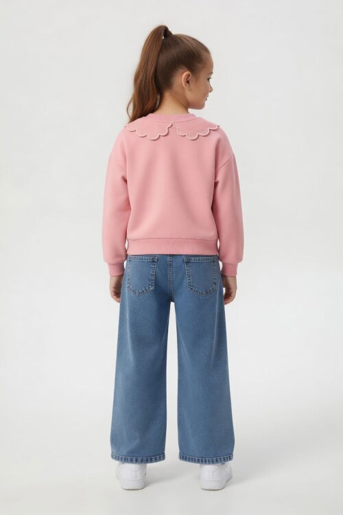 Pembe Yakası Çiçek Nakışlı Badili Jean Pantolonlu Kız Çocuk Takım  24568