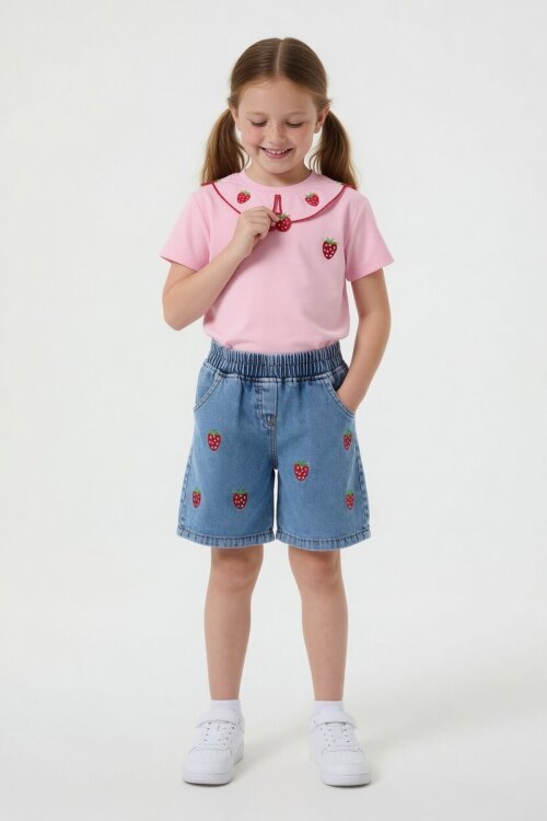 Pembe Yakası Çilek Nakışlı Badili Jean Şortlu Kız Çocuk 2li Takım 24046