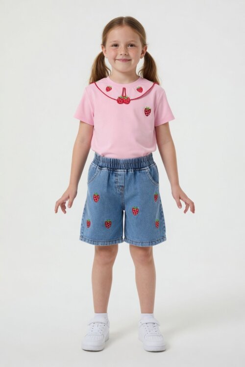 Pembe Yakası Çilek Nakışlı Badili Jean Şortlu Kız Çocuk 2li Takım 24046