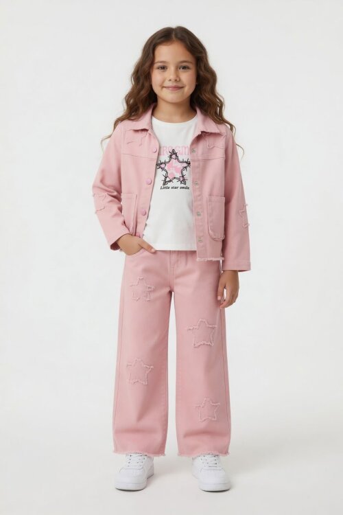 Pembe Yıldız Nakışlı Ceketli Geniş Paça Pantolonlu Püsküllü 3lü Kız Takım 24133