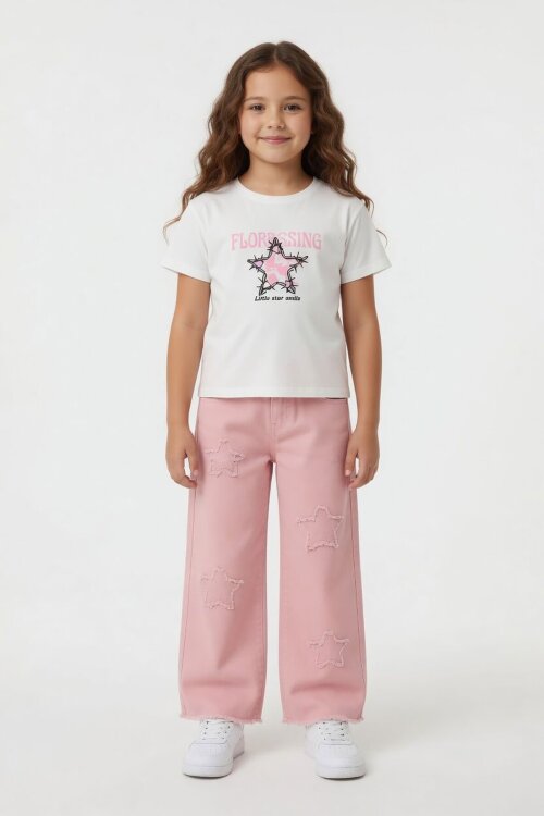 Pembe Yıldız Nakışlı Ceketli Geniş Paça Pantolonlu Püsküllü 3lü Kız Takım 24133