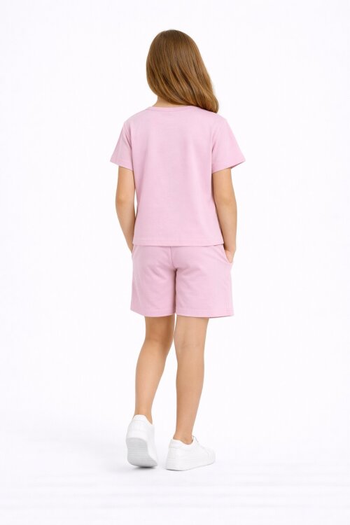 Pudra Balerin Desenli Tişörtlü Kız Çocuk Şortlu 2li Takım 23881