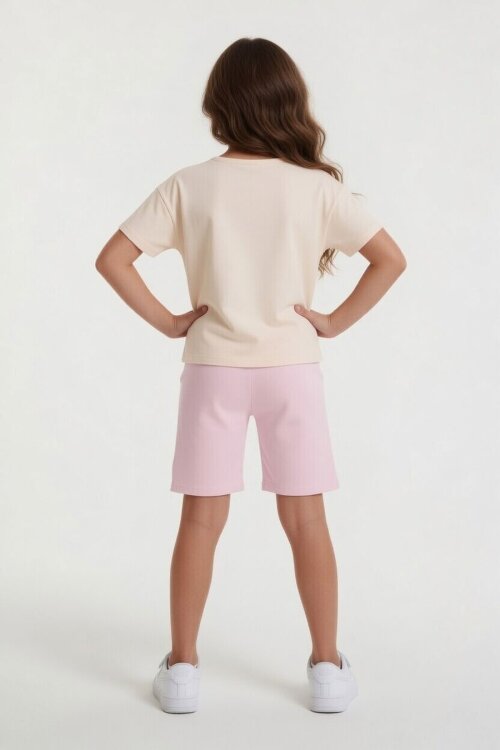 Pudra Balerin Desenli Tişörtlü Kız Çocuk Şortlu 2li Takım 23881