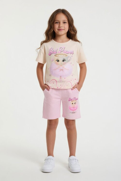 Pudra Balerin Desenli Tişörtlü Kız Çocuk Şortlu 2li Takım 23881