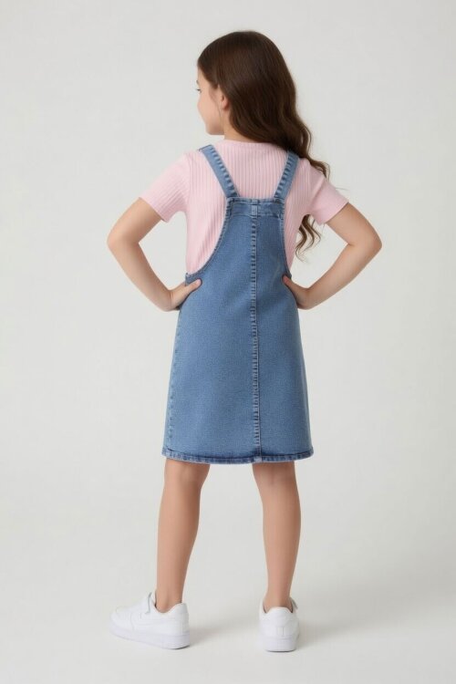 Pudra Çiçekli Minnie Desenli Badili Jean Salopetli Kız Çocuk Takım 24092