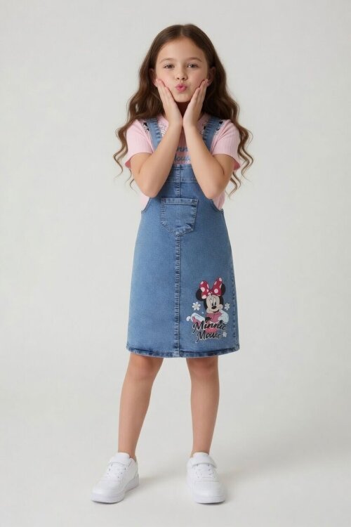 Pudra Çiçekli Minnie Desenli Badili Jean Salopetli Kız Çocuk Takım 24092