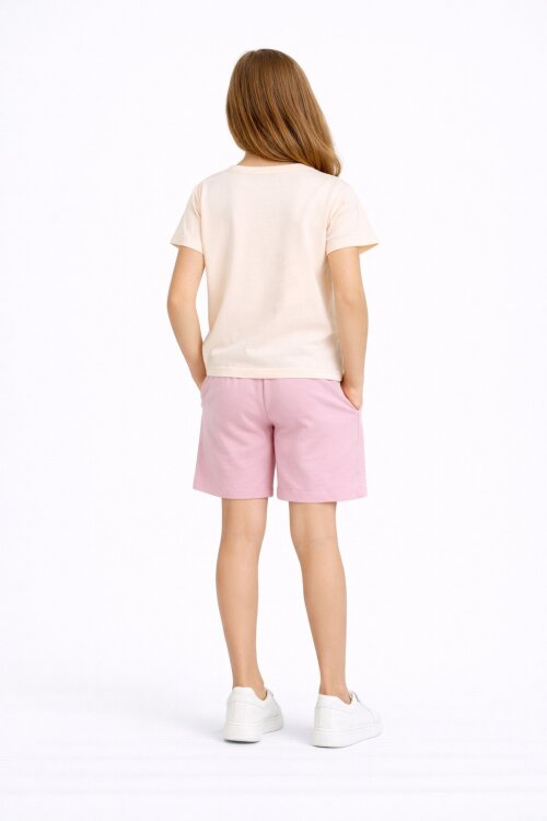 Pudra Fiyonk Desenli Bisiklet Yaka Tişörtlü Kız Çocuk Şortlu Takım 23901