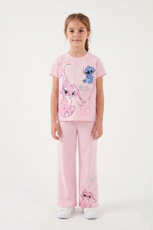 Pudra Kalpli Karakter Baskılı Geniş Paça Pantolonlu Kız Çocuk 2li Takım 23810