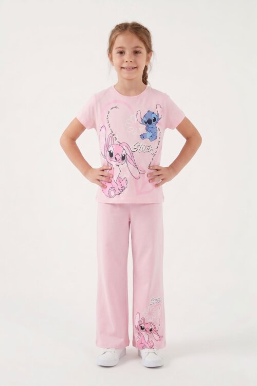 Pudra Kalpli Karakter Baskılı Geniş Paça Pantolonlu Kız Çocuk 2li Takım 23810