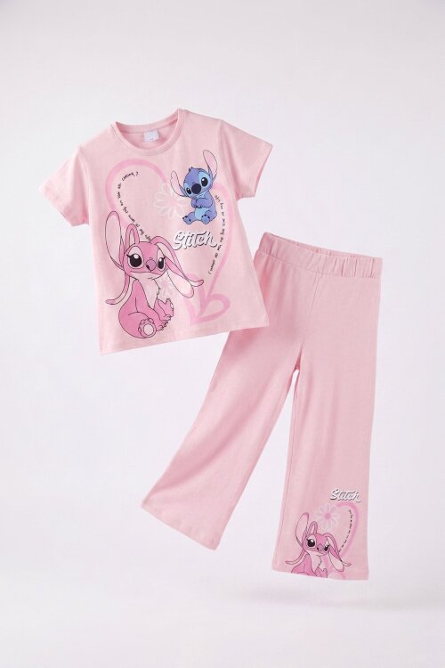 Pudra Kalpli Karakter Baskılı Geniş Paça Pantolonlu Kız Çocuk 2li Takım 23810